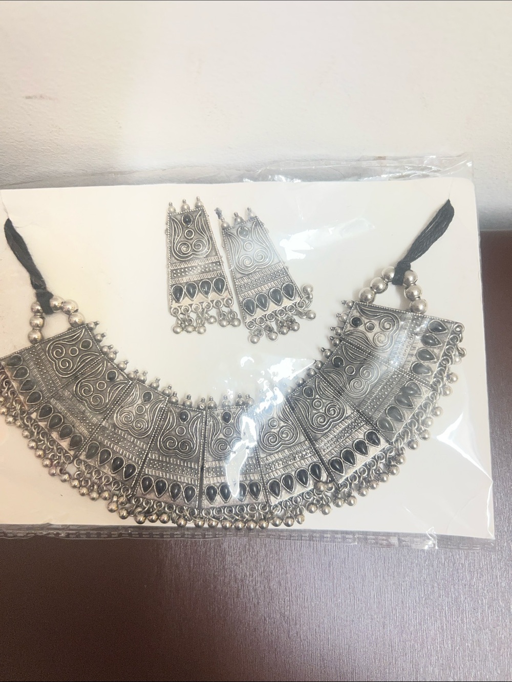 Oxidized Silver-Tone Statement Choker Necklace with Matching Earrings - Picture 2 of 7